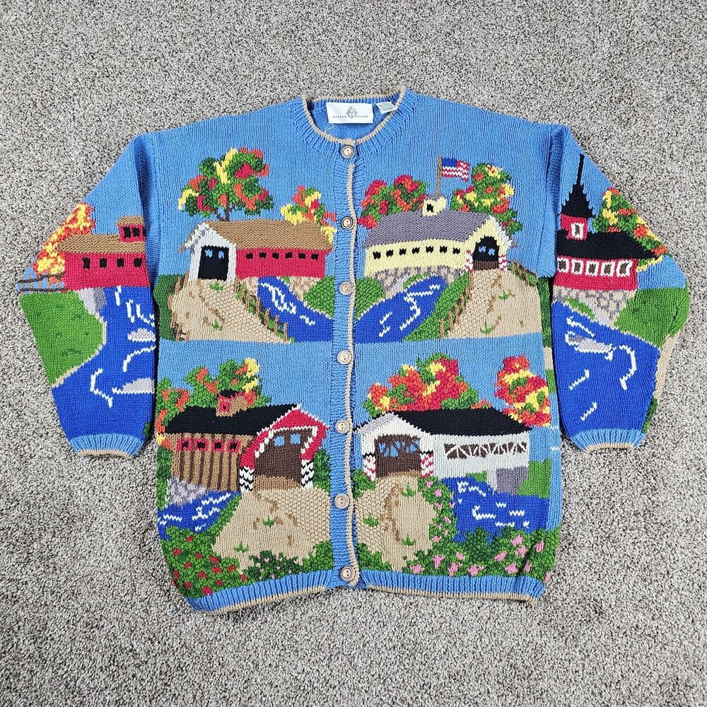Vintage Design Options Cardigan Sweater Adult XL River Bridge Country Crew Neck